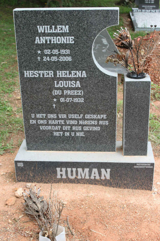 HUMAN Willem Anthonie 1931-2006 & Hester Helena Louisa DU PREEZ 1932-