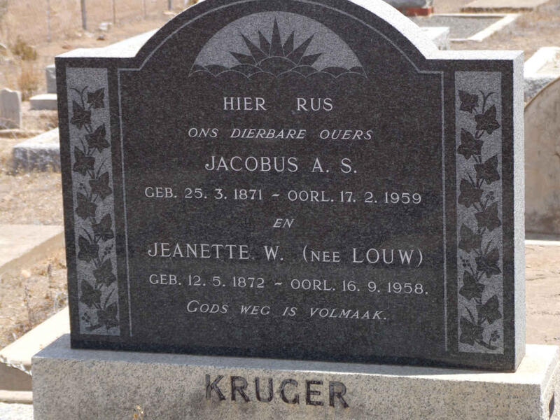 KRUGER Jacobus A.S. 1871-1959 & Jeanette W. LOUW 1872-1958