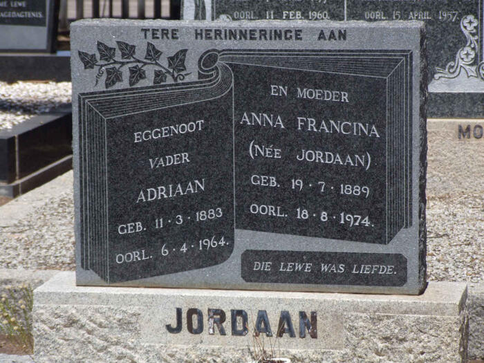 JORDAAN Adriaan 1883-1964 & Anna Francina JORDAAN 1889-1974