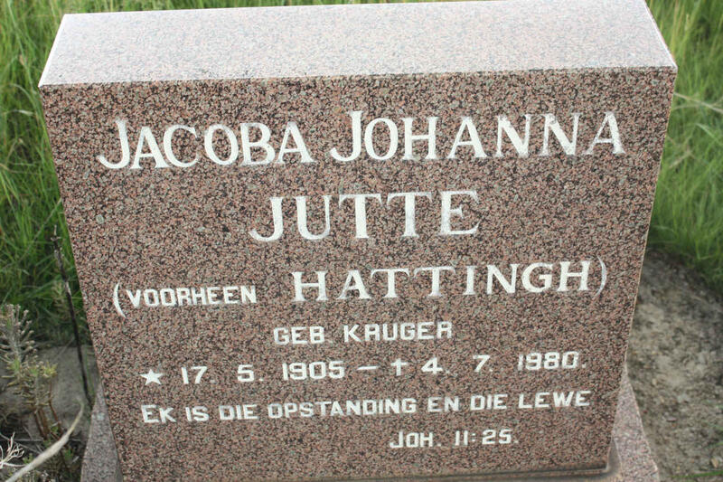 JUTTE Jacoba Johanna nee KRUGER voorheen HATTINGH 1905-1980