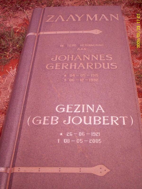 ZAAYMAN Johannes Gerhardus 1915-1992 & Gezina JOUBERT 1921-2005
