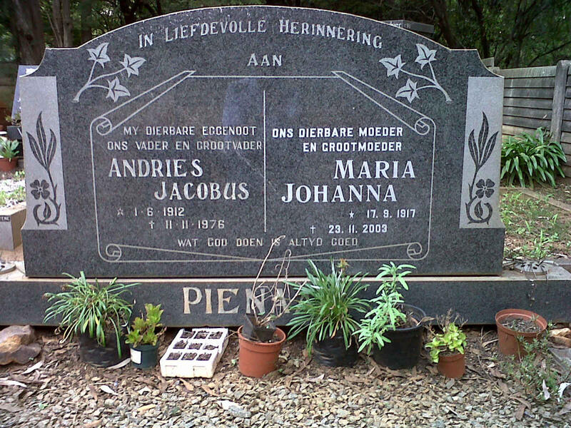PIENAAR Andries Jacobus 1912-1976 & Maria Johanna 1917-2003