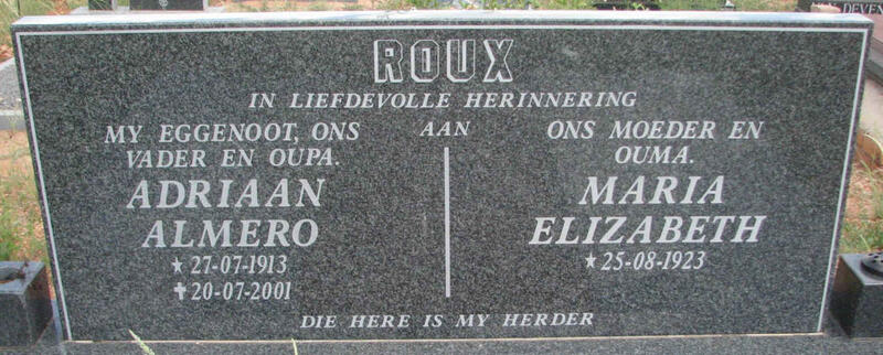 ROUX Adriaan Almero 1913-2001 & Maria Elizabeth 1923-