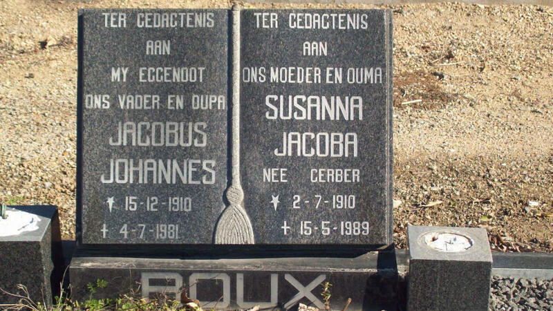 ROUX Jacobus Johannes 1910-1981 & Susanna Jacoba GERBER 1910-1989