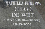 WET Mathilda Philippa, de nee HAASBROEK 1915-2003