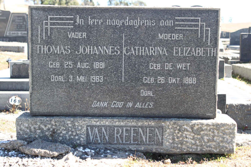 REENEN Thomas Johannes, van 1881-1963 & Catharina Elizabeth DE WET 1888-
