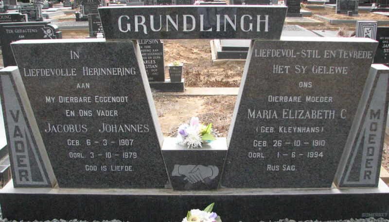 GRUNDLINGH Jacobus Johannes 1907-1979 & Maria Elizabeth C. KLEYNHANS 1910-1994