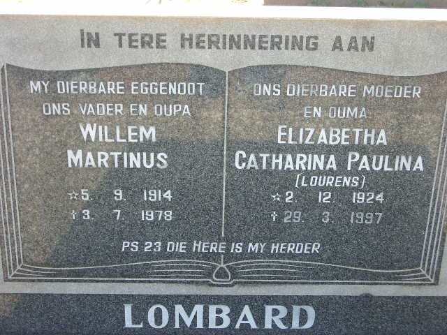 LOMBARD Willem Martinus 1914-1978 & Elizabetha Catharina Paulina LOURENS 1924-1997