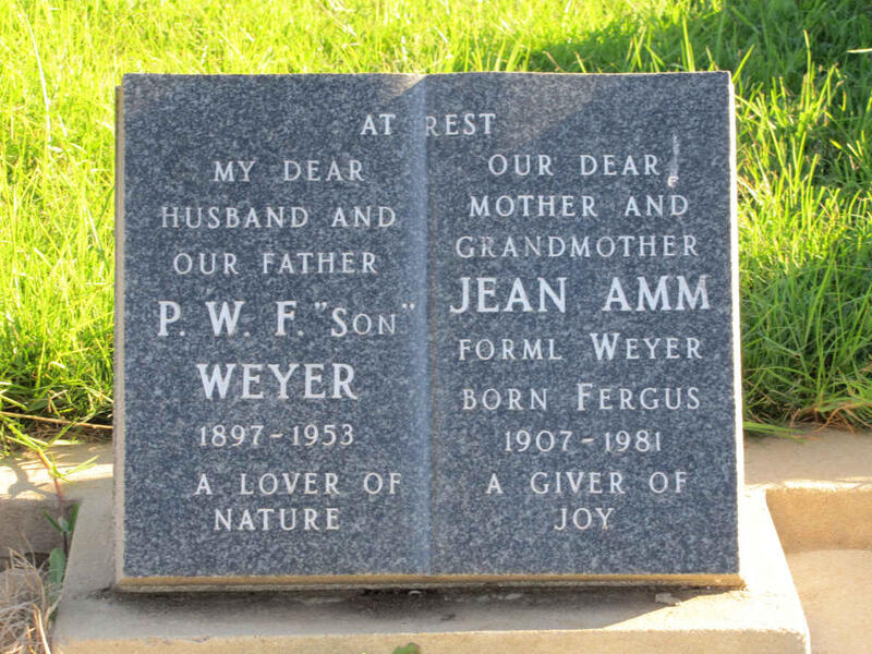 WEYER P.W.F. 1897-1953 & Jean AMM formerly WEYER nee FERGUS 1907-1981