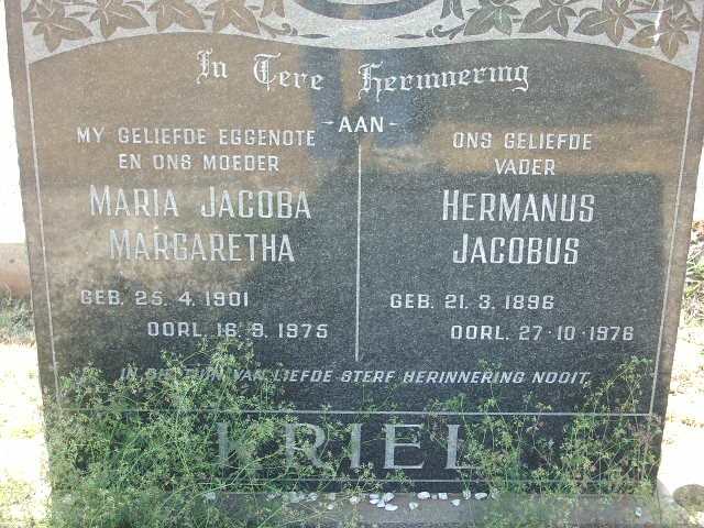KRIEL Hermanus Jacobus 1896-1976 & Maria Jacoba Margaretha 1901-1975