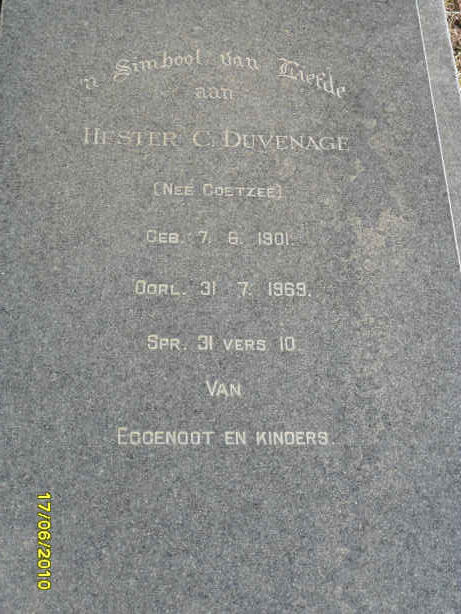DUVENHAGE Hester C. nee COETZEE 1901-1969