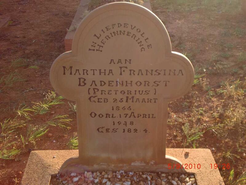 BADENHORST Martha Fransina nee PRETORIUS 1866-1948