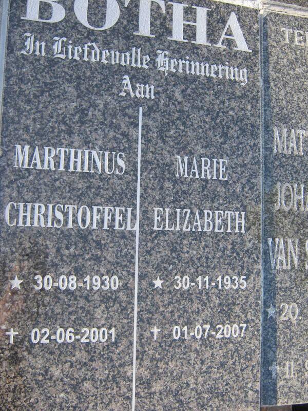 BOTHA Marthinus Christoffel 1930-2001 & Marie Elizabeth 1935-2007
