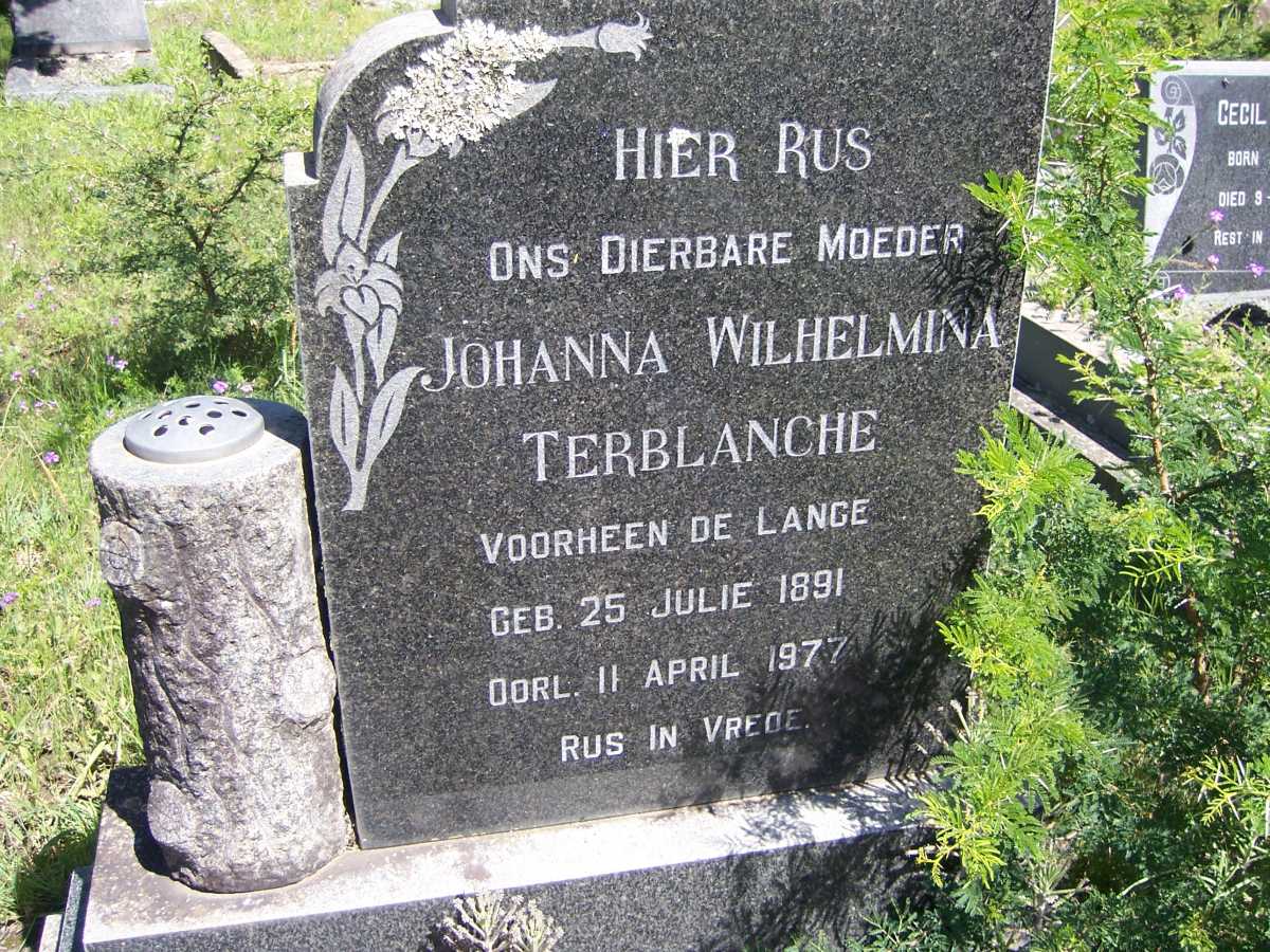 TERBLANCHE Johanna Wilhelmina voorheen DE LANGE 1891-1977