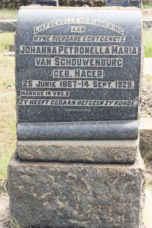 SCHOUWENBURG Johanna Petronella Maria, van geb HAGER  1867-1929