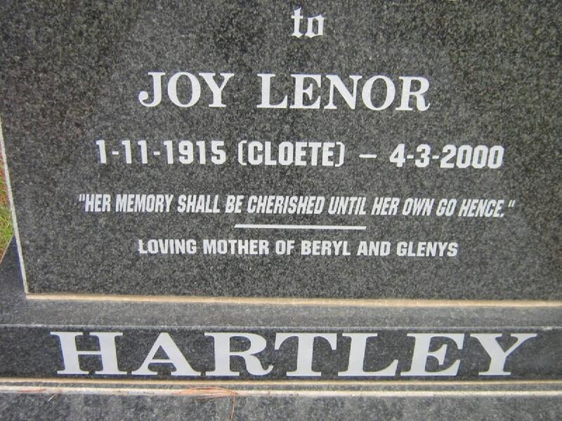 HARTLEY Joy Lenor nee CLOETE 1915-2000