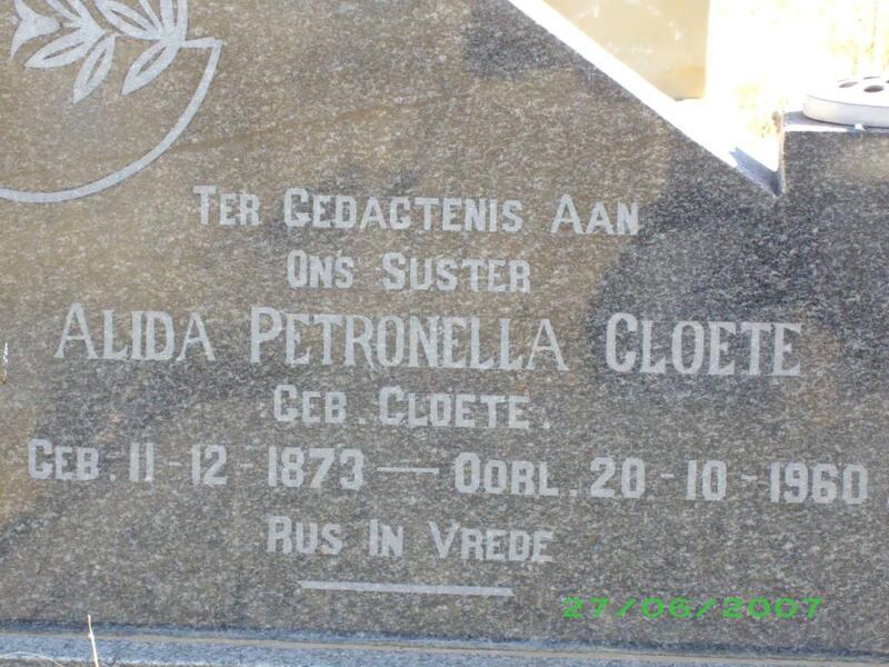 CLOETE Alida Petronella nee CLOETE 1873-1960