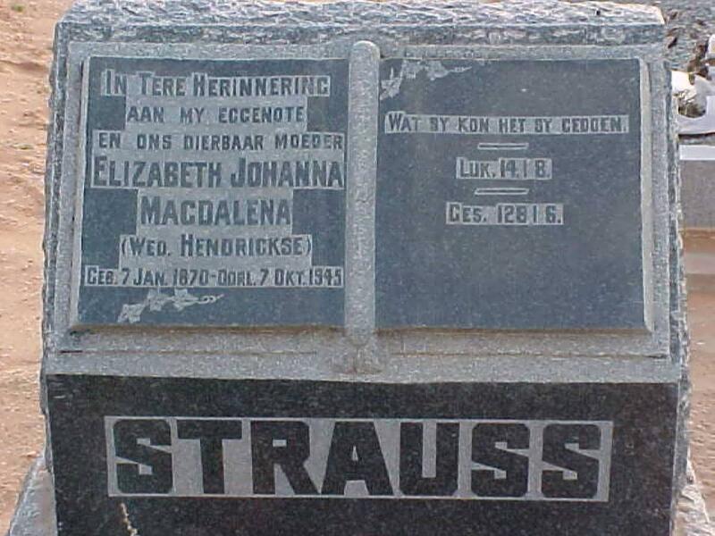 STRAUSS Elizabeth Johanna Magdalena Voorheen HENDRICKSE 1870-1945