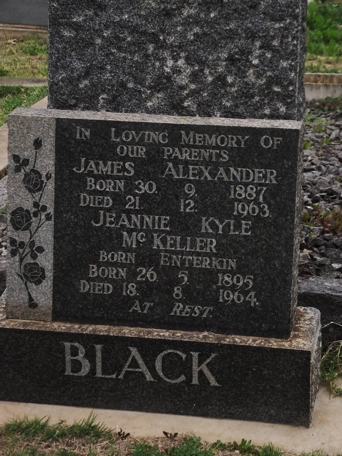 BLACK James Alexander 1887-1963 & Jeannie Kyle Mc Keller ENTERKIN 1895-1964