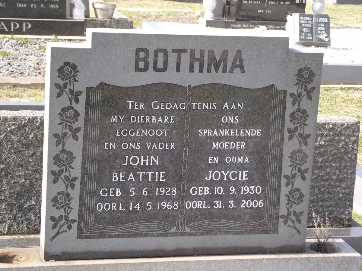 BOTHMA John Beattie 1928-1968 & Joycie 1930-2006