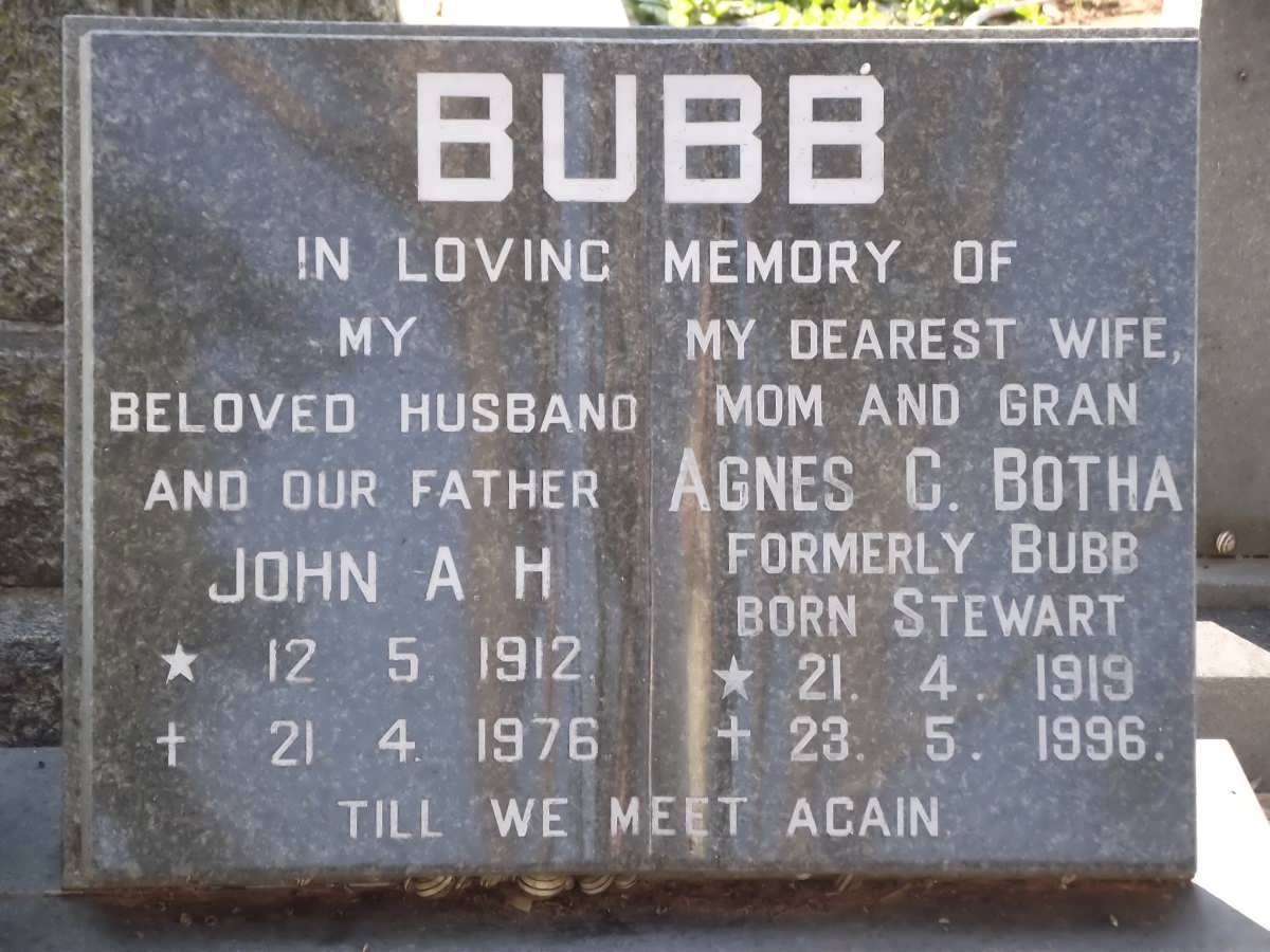 BUBB John A.H. 1912-1976 & Agnes C. STEWART 1919-1996