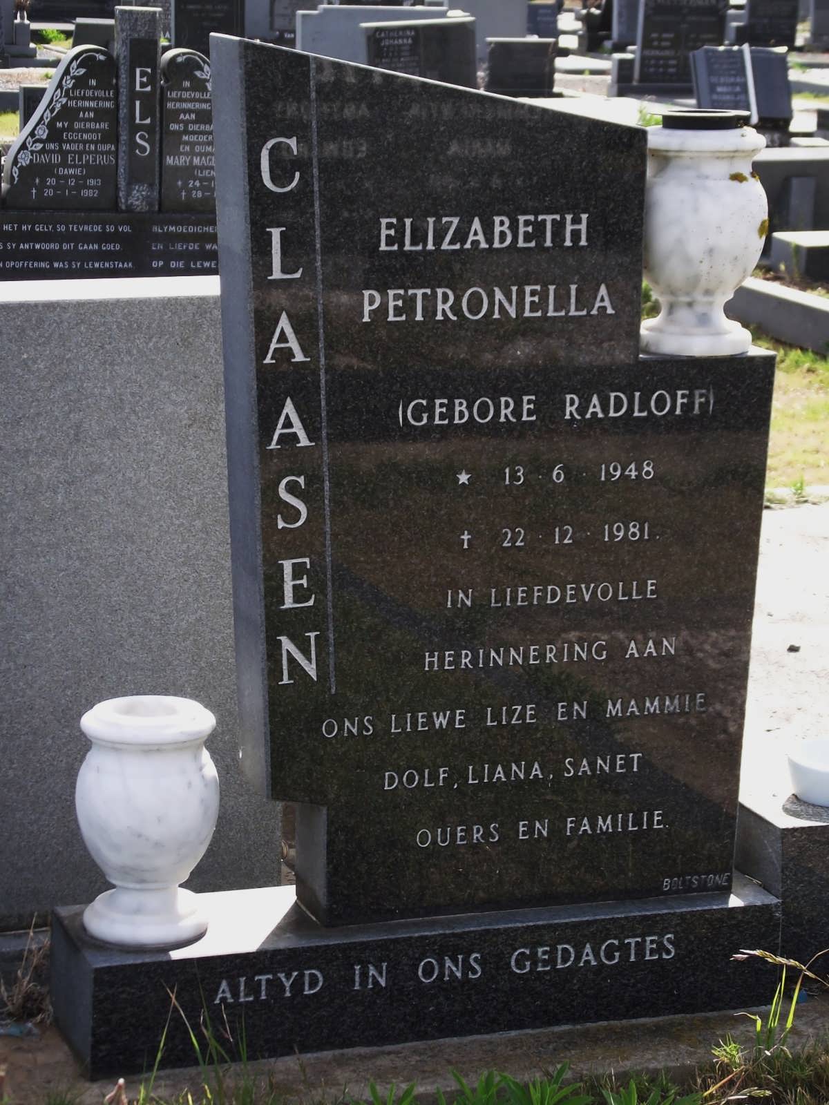 CLAASEN Elizabeth Petronella nee RADLOFF 1948-1981