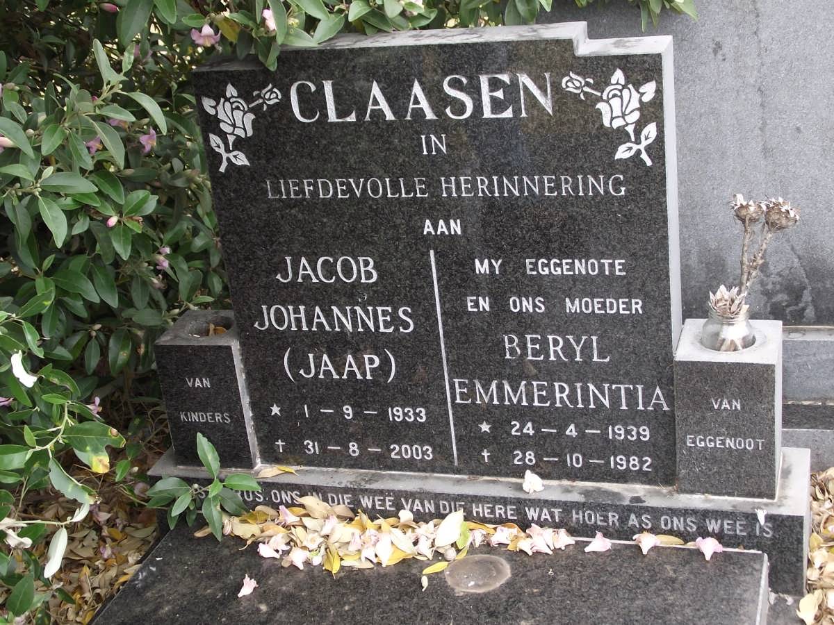 CLAASEN Jacob Johannes 1933-2003 & Beryl Emmerintia 1939-1982