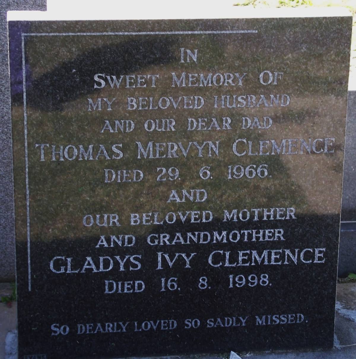 CLEMENCE Thomas Mervyn -1966 & Gladys Ivy -1998