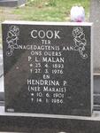 COOK P.L.Malan 1893-1976 & Hendrina P. MARAIS 1901-1986