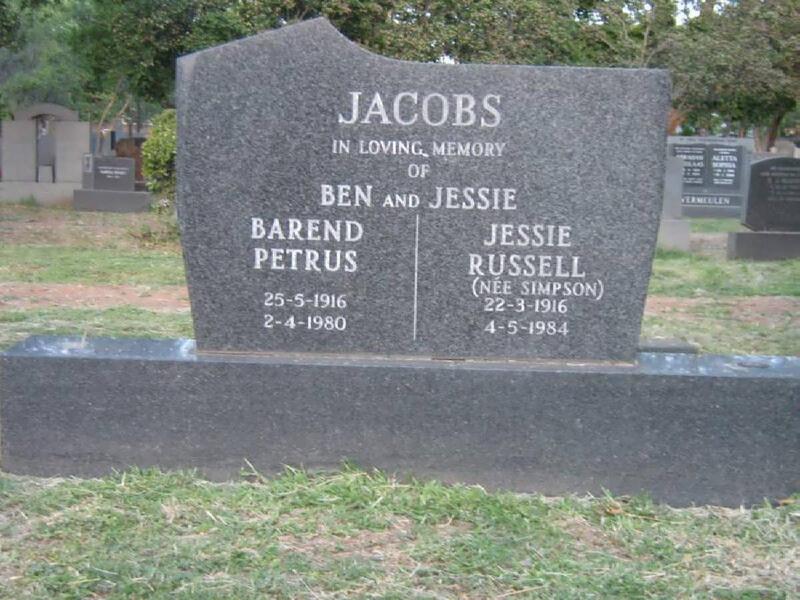 JACOBS Barend Petrus 1916-1980 & Jessie Russell SIMPSON 1916-1984