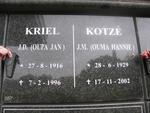 KRIEL J.D. 1916-1996 & J.M. KOTZE 1929-2002
