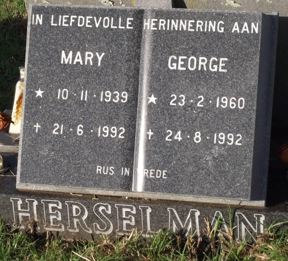 HERSELMAN Mary 1939-1992 :: HERSELMAN George 1960-1992