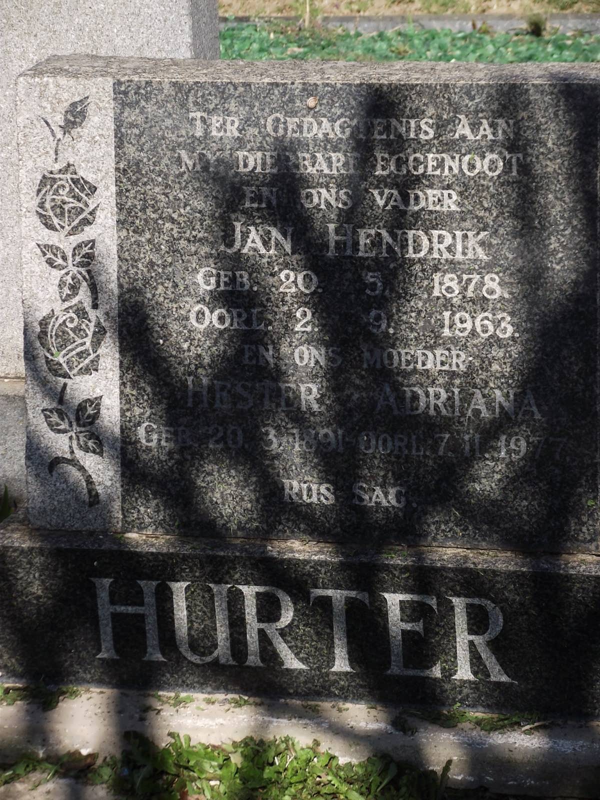 HURTER Jan Hendrik 1878-1963 & Hester Adriana 1891-1977