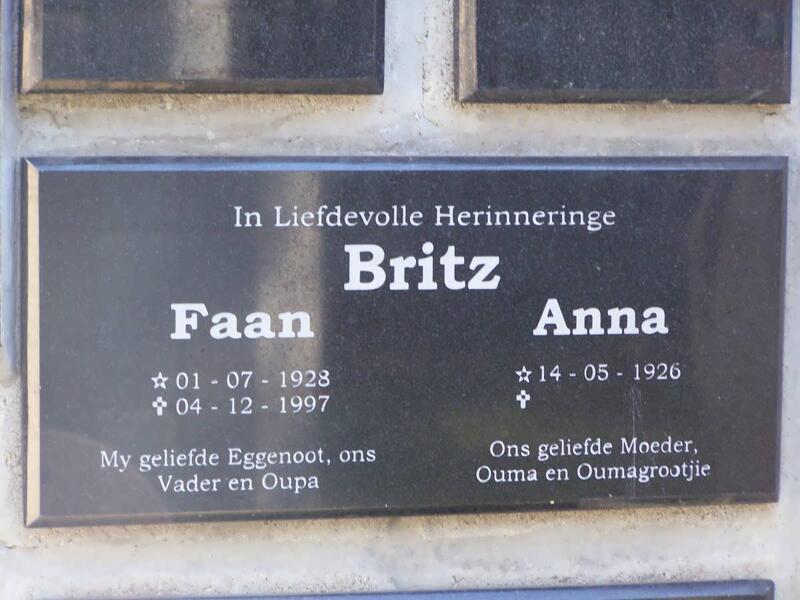 BRITZ Faan 1928-1997 & Anna 1926-