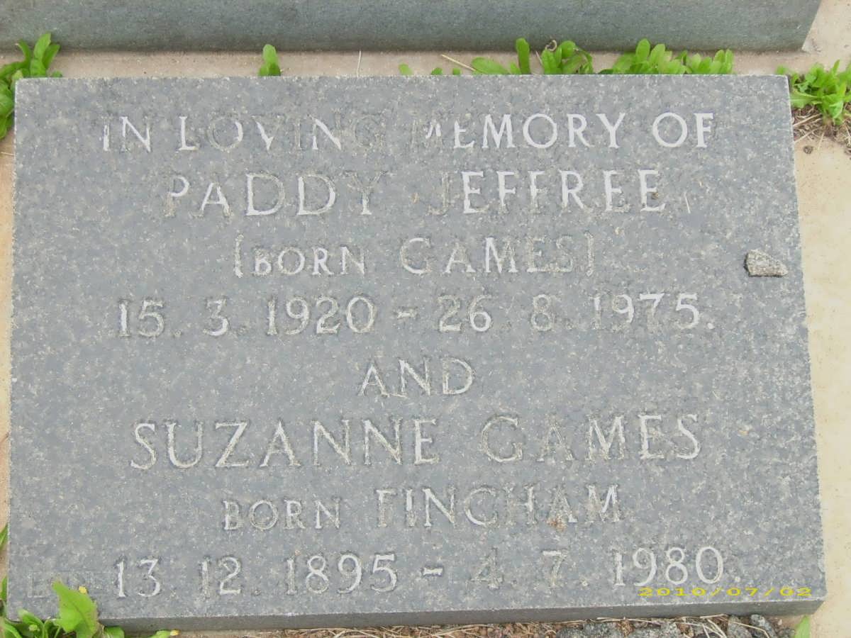 JEFFREE Paddy nee GAMES 1920-1975 :: GAMES Suzanne nee FINCHAM 1895-1980