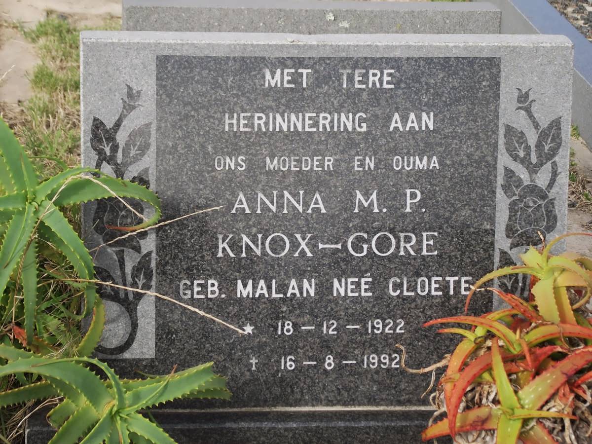 KNOX-GORE Anna M.P. formerly MALAN nee CLOETE 1922-1992