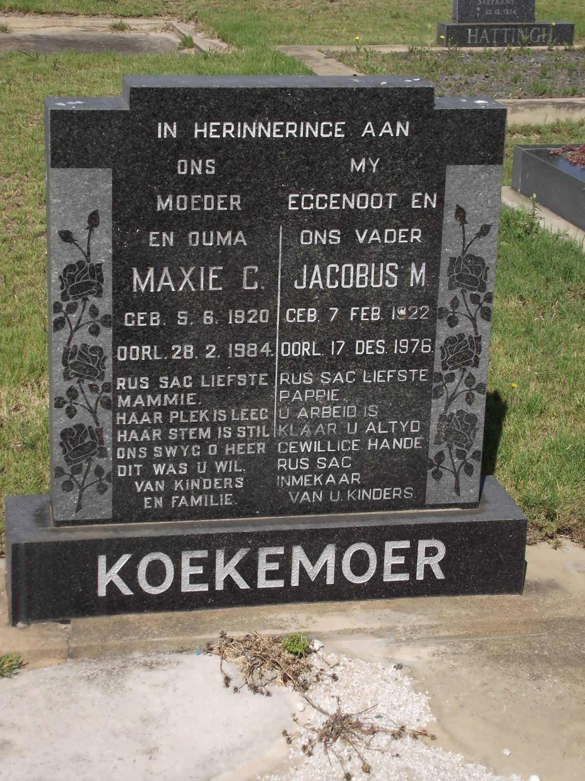 KOEKEMOER Maxie C. 1920-1984 & Jacobus M. 1922-1976