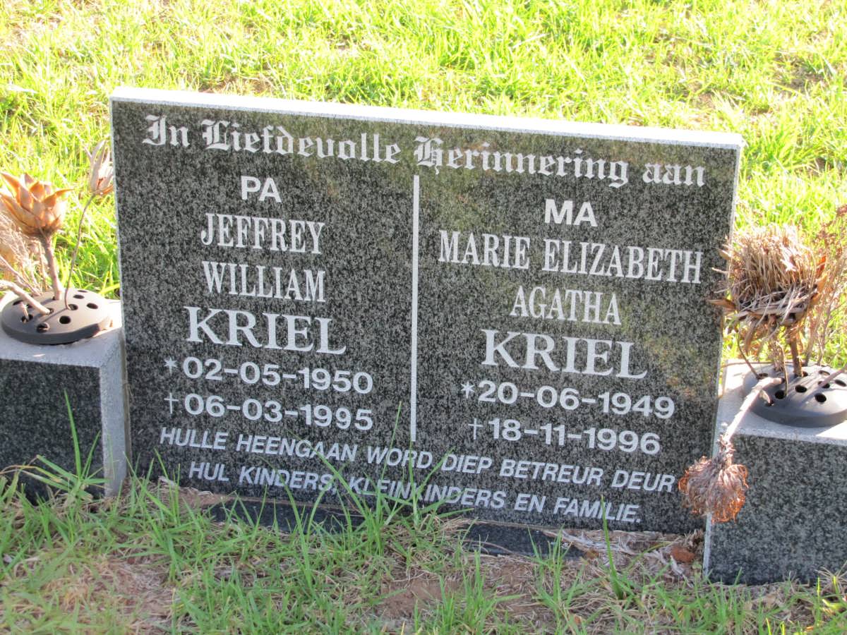 KRIEL Jeffrey William 1950-1995 & Marie Elizabeth Agatha 1949-1996