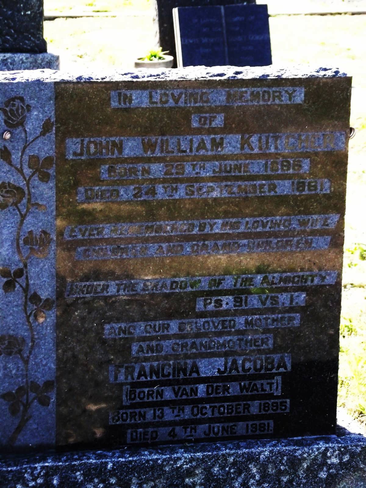 KUTCHER John William 1896-1981 & Francina Jacoba VAN DER WALT 1895-1981