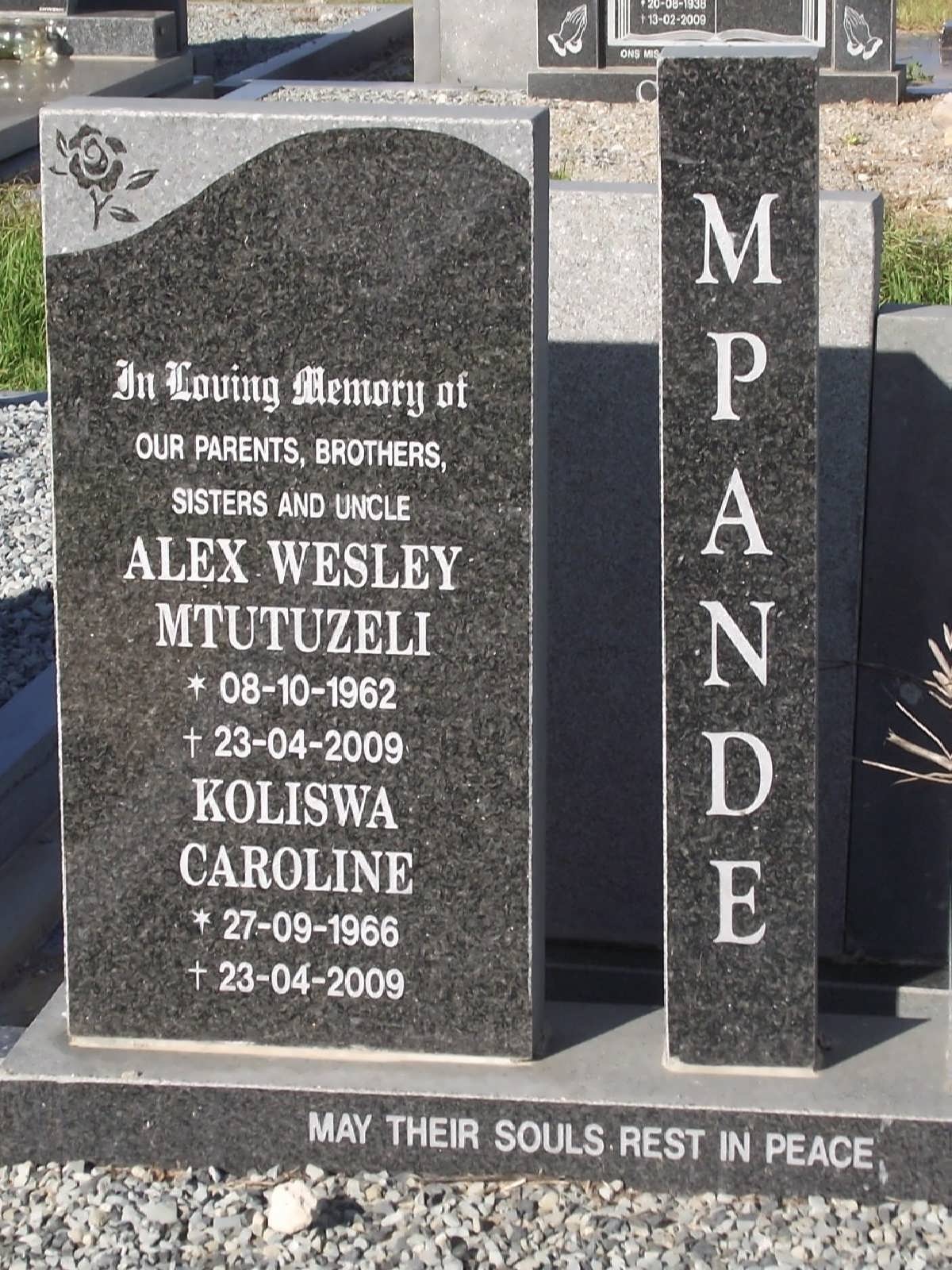 MPANDE Alex Wesley Mtutuzeli 1962-2009 & Koliswa Caroline 1966-2009