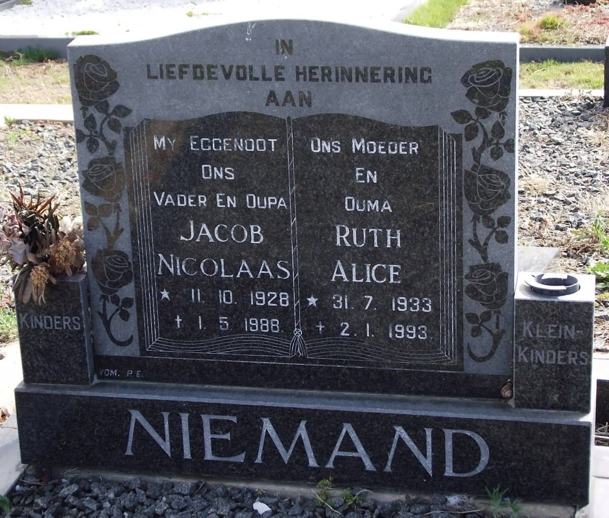 NIEMAND Jacob Nicolaas 1928-1988 & Ruth Alice 1933-1993