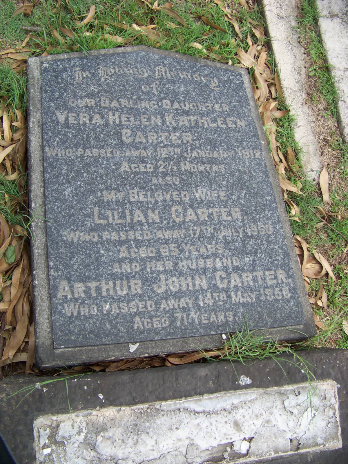CARTER Arthur John -1956 & Lilian -1950  :: CARTER Vera Helen Kathleen -1912