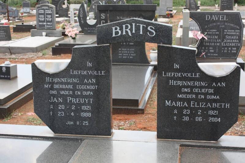 BRITS Jan Preuyt 1921-1988 & Maria Elizabeth 1921-2004