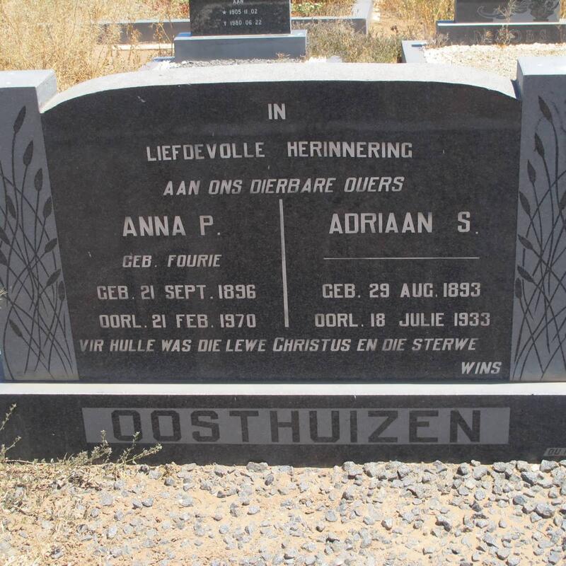 OOSTHUIZEN Adriaan S. 1893-1933 & Anna P. FOURIE 1896-1970