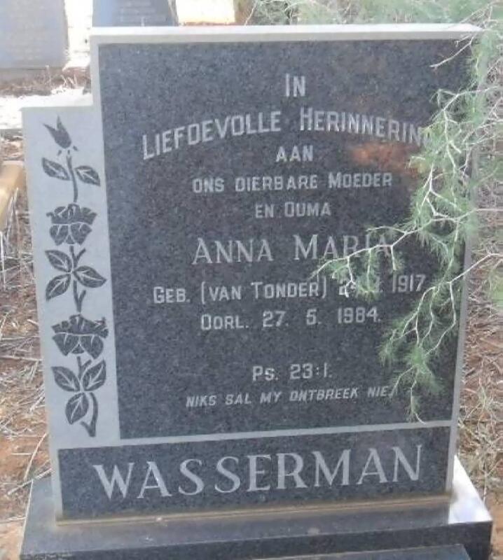 WASSERMAN Anna Maria nee VAN TONDER 1917-1984