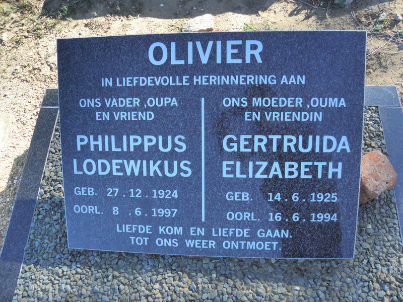 OLIVIER Philippus Lodewikus 1924-1997 & Gertruida Elizabeth 1925-1994
