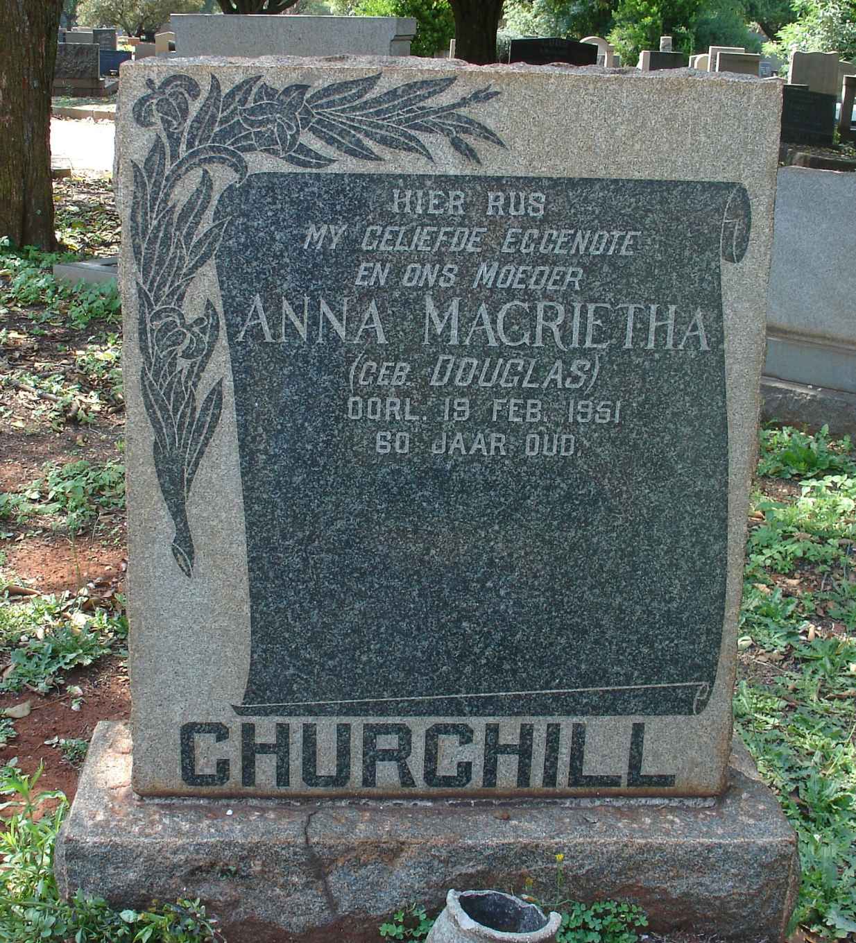 CHURCHILL Anna Magrietha nee DOUGLAS -1951