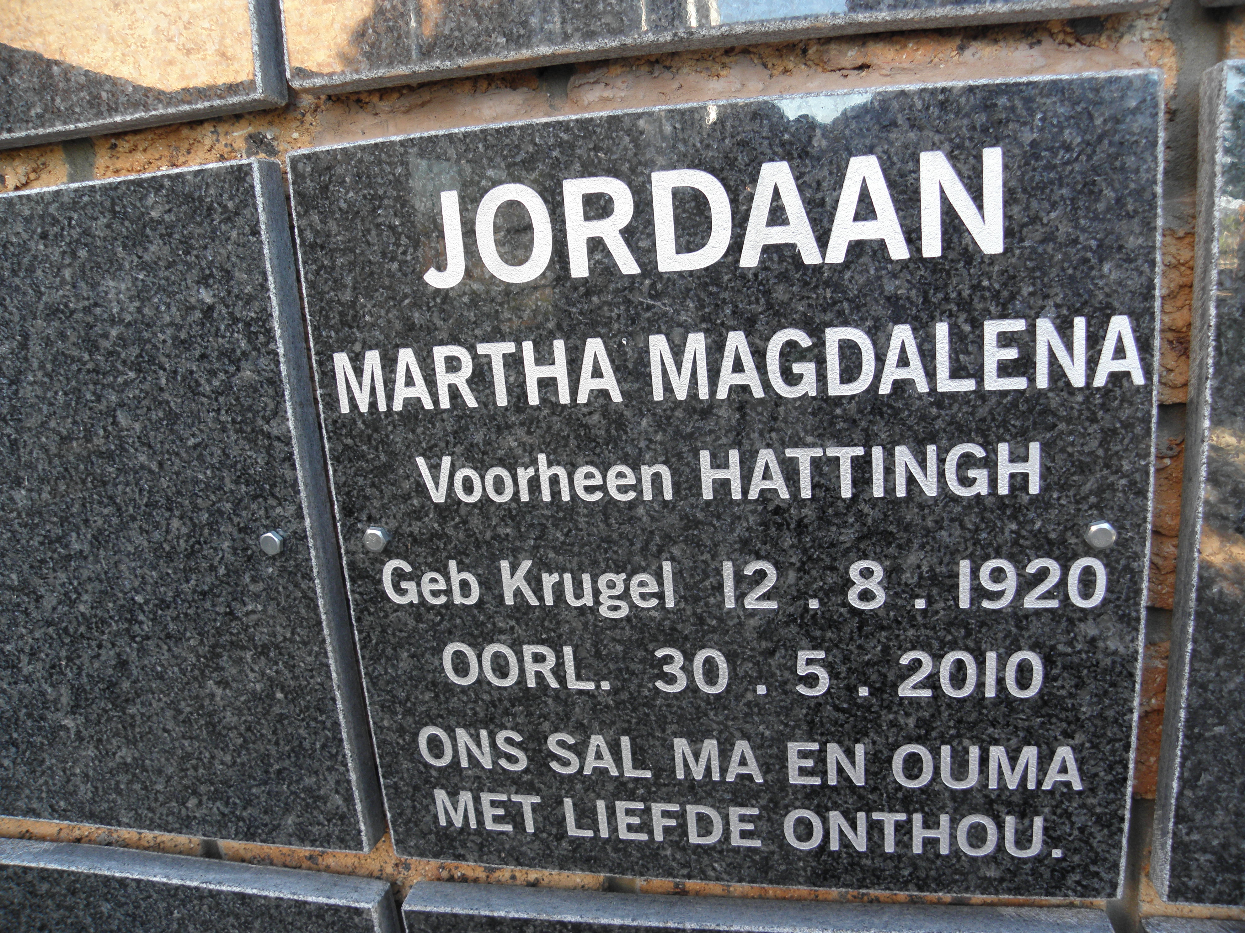 JORDAAN Martha Magdalena previously HATTINGH nee KRUGER 1920-2010