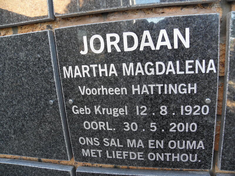 JORDAAN Martha Magdalena previously HATTINGH nee KRUGER 1920-2010
