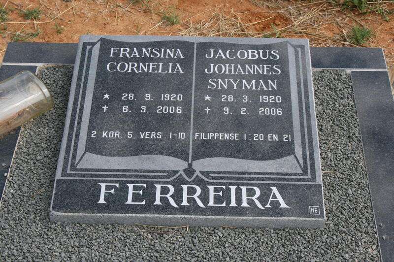 FERREIRA Jacobus Johannes Snyman 1920-2006 & Fransina Cornelia 1920-2006